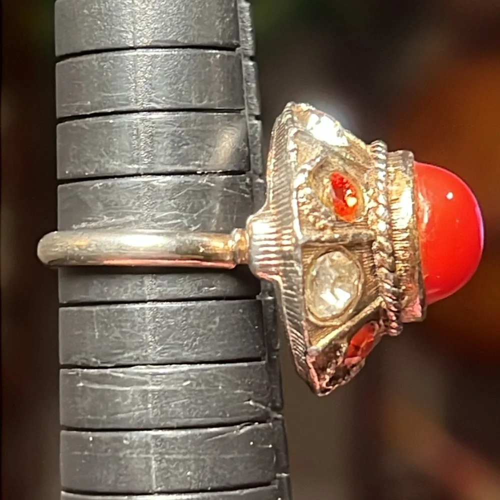 Vintage Chunky Faux Coral Cabochon Rhinestone Gem Domed Cocktail Ring
